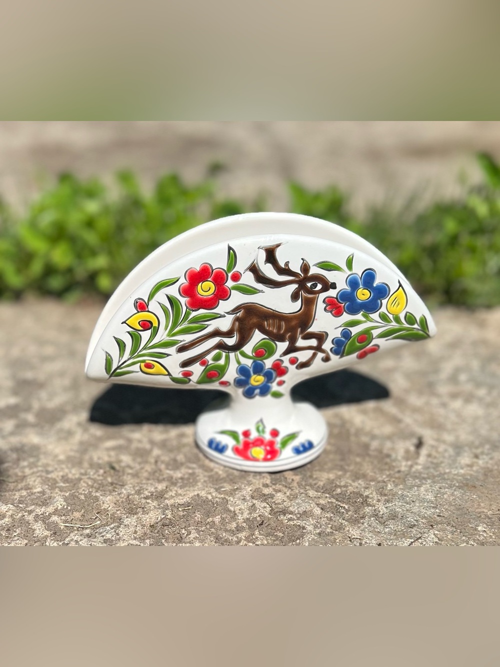 Vintage Greek Ceramic Napkin Holder. Hand Painted Folk Art Deer & Floral Motif